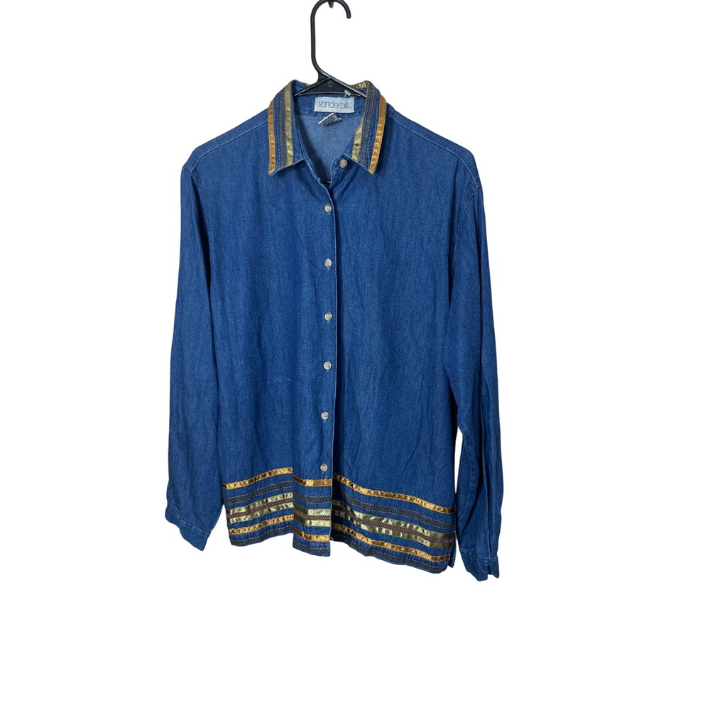 Vanderbilt Women's Denim Button Down Shirt Long Sleeve Gold Trim Medium